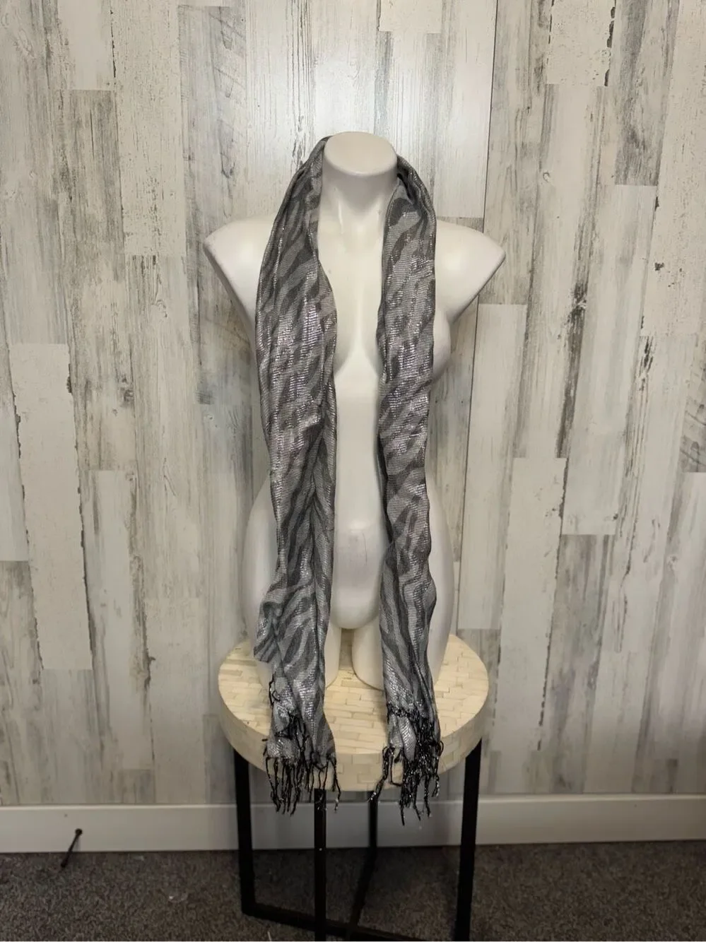 Zebra Print Metallic Fringe Scarf Silver Grey Shimmer Animal Print One Size